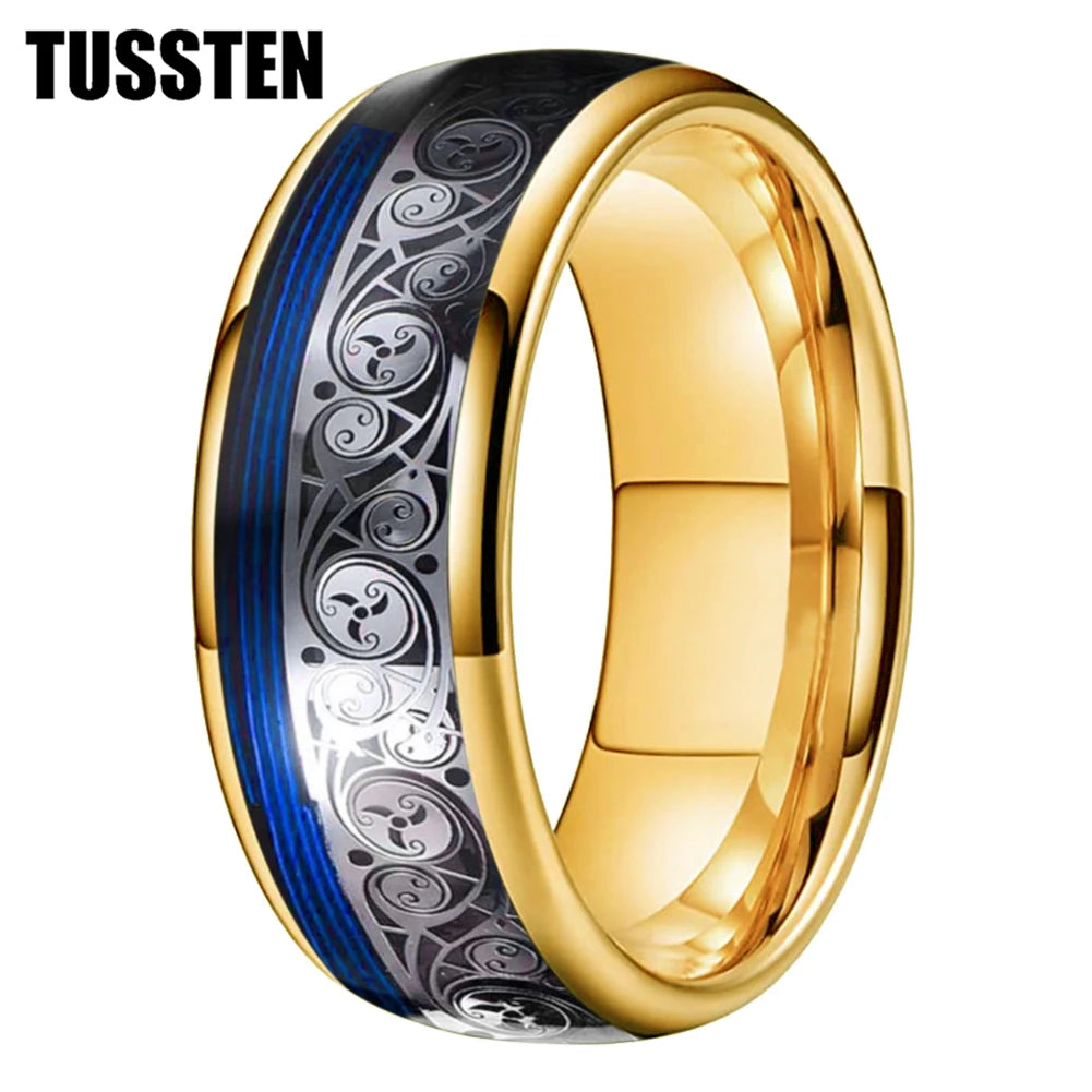 TUSSTEN 8MM Tungsten Ring for Men with Celtic Spiral and Red Blue Guitar String Inlaid Wedding Band Comfort Fit