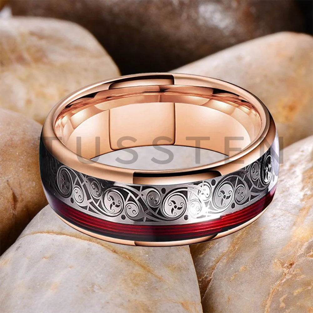 TUSSTEN 8MM Tungsten Ring for Men with Celtic Spiral and Red Blue Guitar String Inlaid Wedding Band Comfort Fit