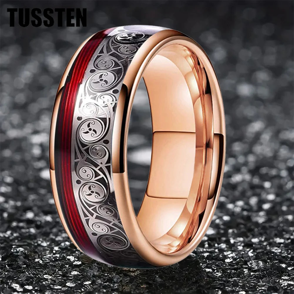 TUSSTEN 8MM Tungsten Ring for Men with Celtic Spiral and Red Blue Guitar String Inlaid Wedding Band Comfort Fit