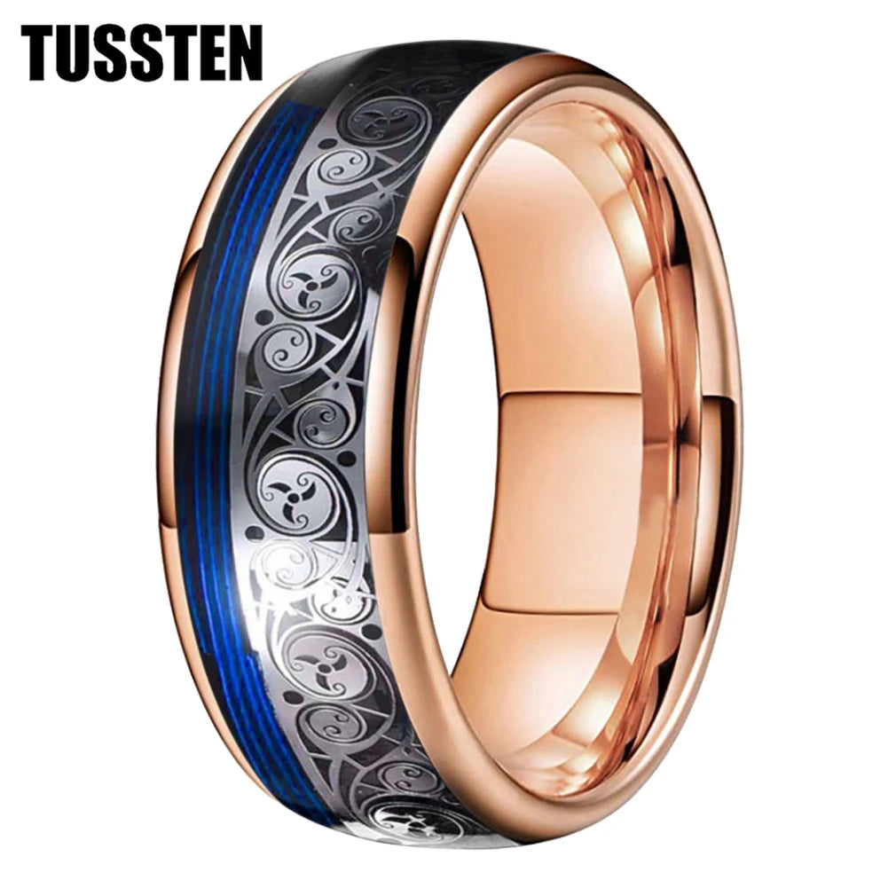 TUSSTEN 8MM Tungsten Ring for Men with Celtic Spiral and Red Blue Guitar String Inlaid Wedding Band Comfort Fit