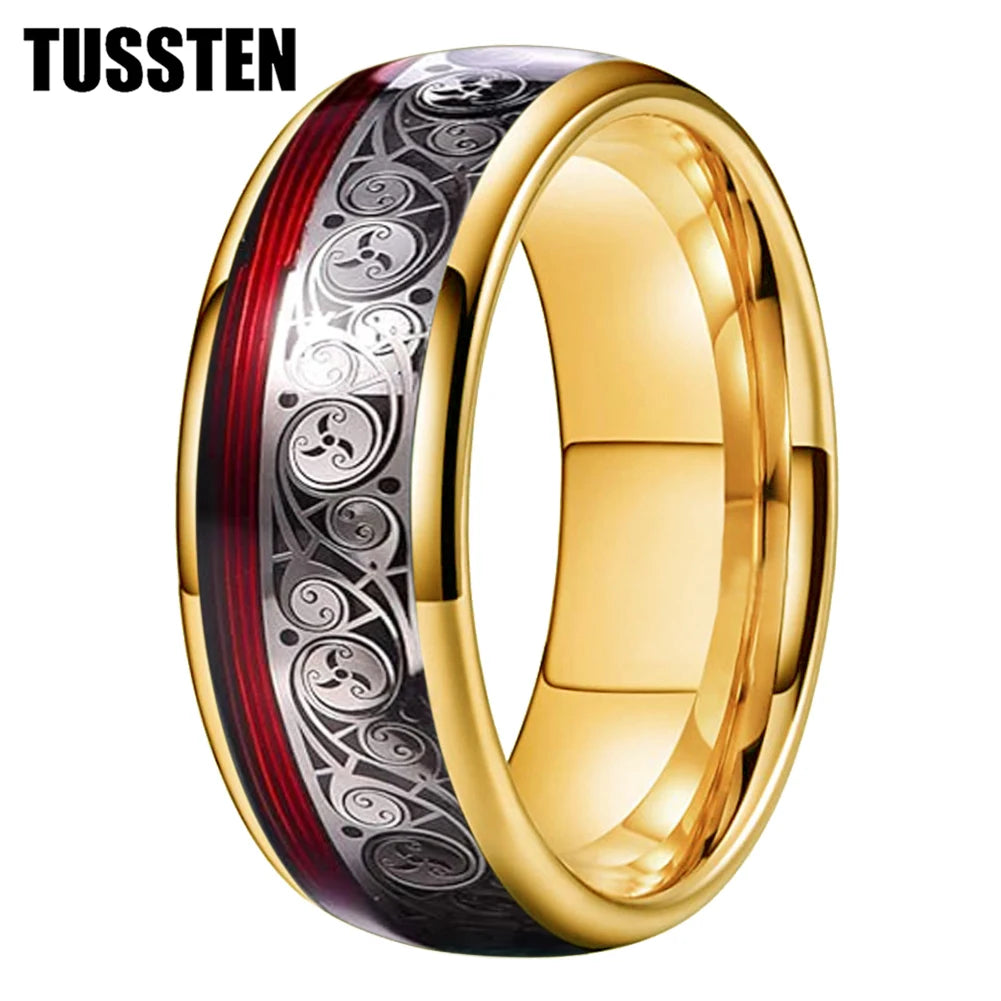 TUSSTEN 8MM Tungsten Ring for Men with Celtic Spiral and Red Blue Guitar String Inlaid Wedding Band Comfort Fit