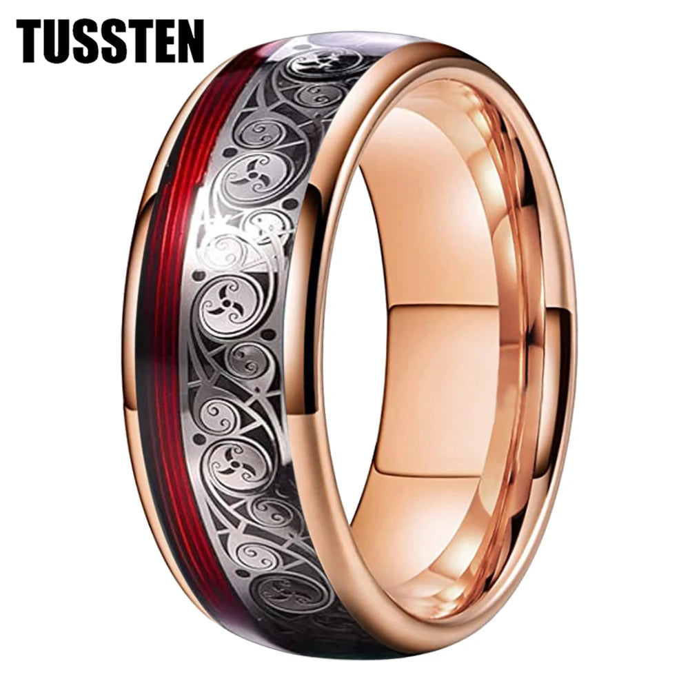 TUSSTEN 8MM Tungsten Ring for Men with Celtic Spiral and Red Blue Guitar String Inlaid Wedding Band Comfort Fit