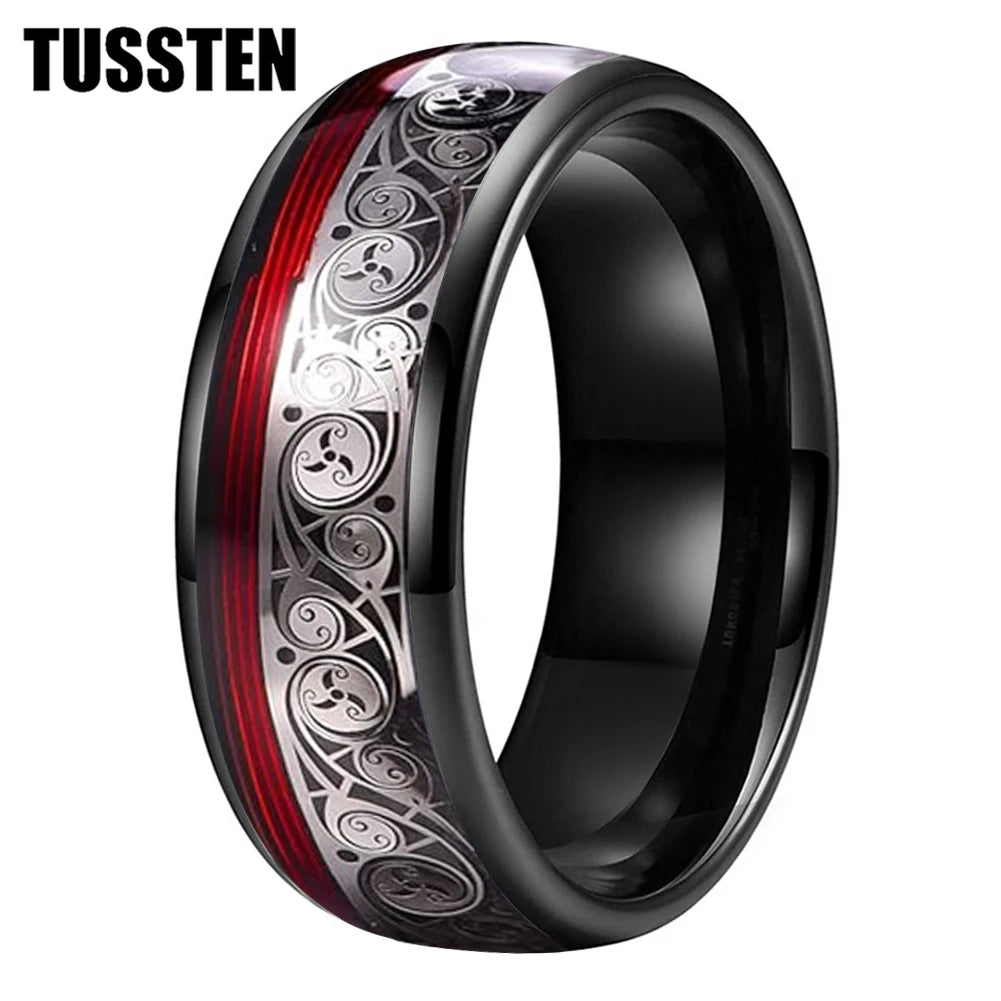 TUSSTEN 8MM Tungsten Ring for Men with Celtic Spiral and Red Blue Guitar String Inlaid Wedding Band Comfort Fit