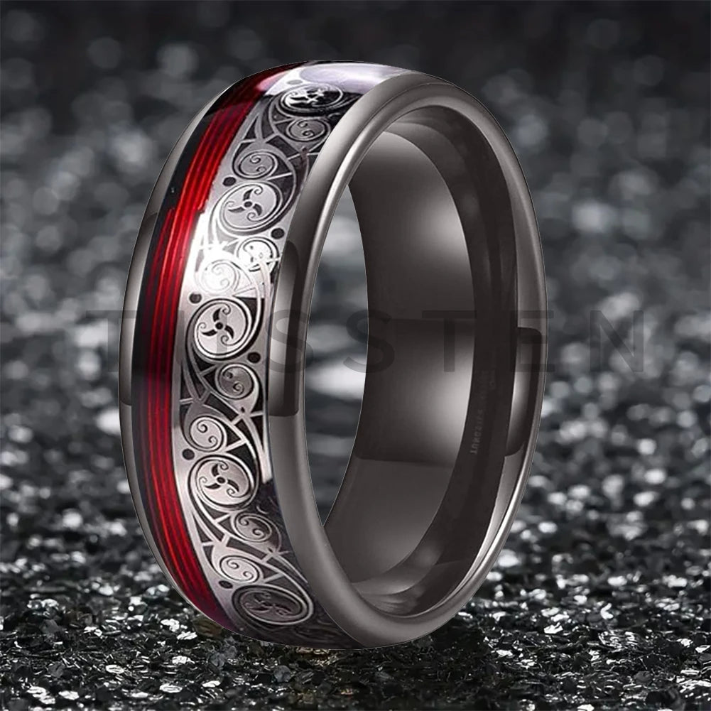 TUSSTEN 8MM Tungsten Ring for Men with Celtic Spiral and Red Blue Guitar String Inlaid Wedding Band Comfort Fit
