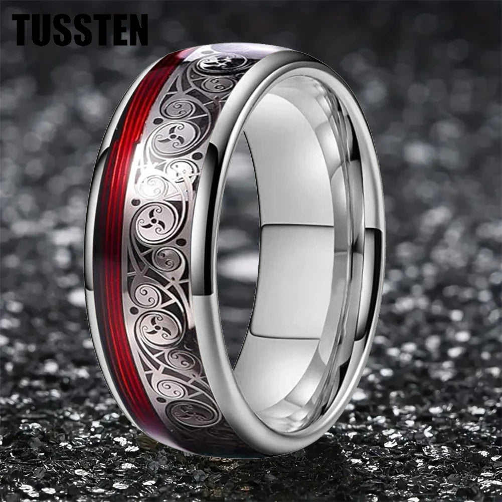 TUSSTEN 8MM Tungsten Ring for Men with Celtic Spiral and Red Blue Guitar String Inlaid Wedding Band Comfort Fit