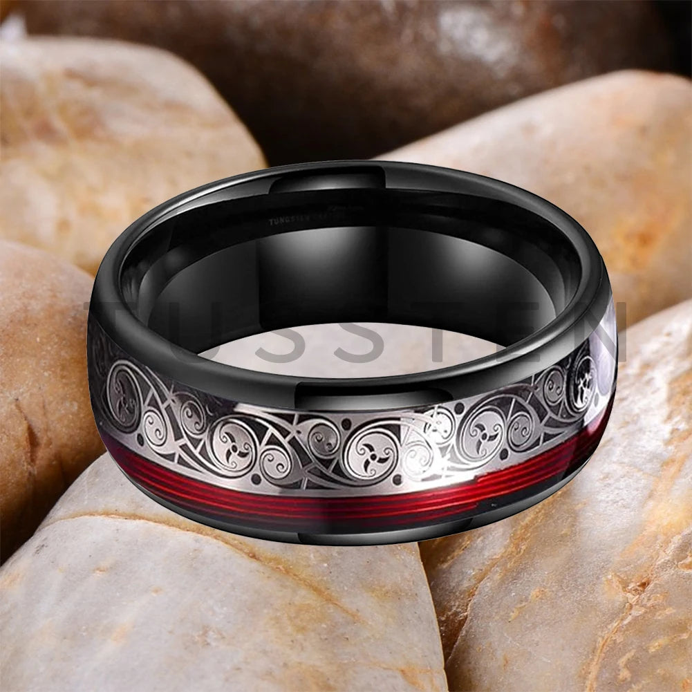 TUSSTEN 8MM Tungsten Ring for Men with Celtic Spiral and Red Blue Guitar String Inlaid Wedding Band Comfort Fit