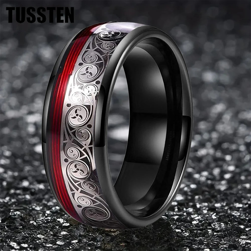 TUSSTEN 8MM Tungsten Ring for Men with Celtic Spiral and Red Blue Guitar String Inlaid Wedding Band Comfort Fit