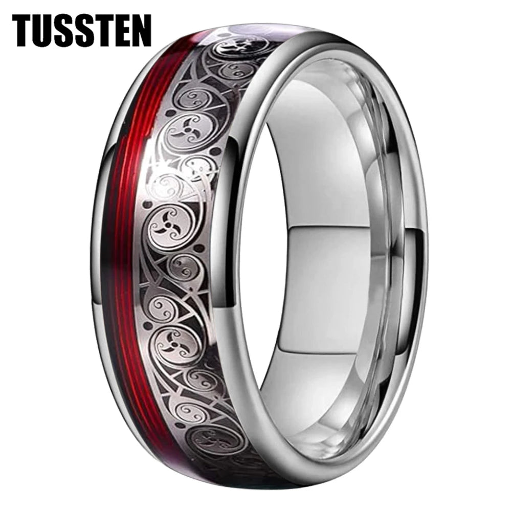 TUSSTEN 8MM Tungsten Ring for Men with Celtic Spiral and Red Blue Guitar String Inlaid Wedding Band Comfort Fit