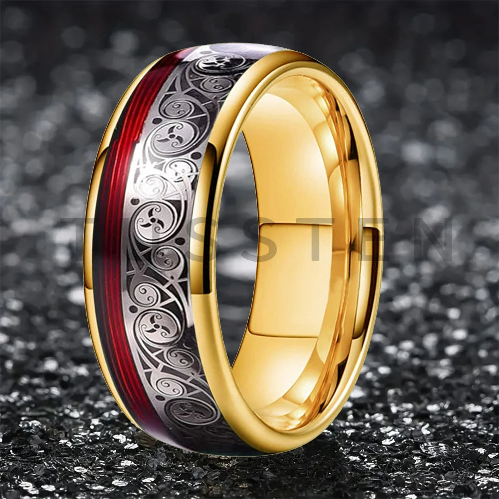 TUSSTEN 8MM Tungsten Ring for Men with Celtic Spiral and Red Blue Guitar String Inlaid Wedding Band Comfort Fit
