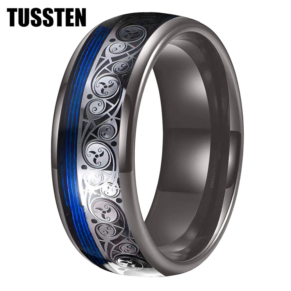 TUSSTEN 8MM Tungsten Ring for Men with Celtic Spiral and Red Blue Guitar String Inlaid Wedding Band Comfort Fit
