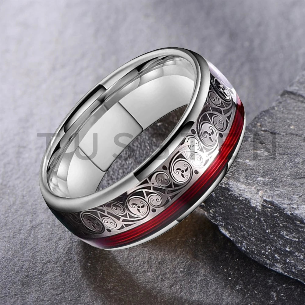 TUSSTEN 8MM Tungsten Ring for Men with Celtic Spiral and Red Blue Guitar String Inlaid Wedding Band Comfort Fit