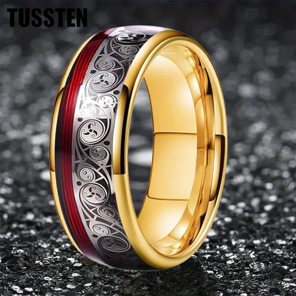 TUSSTEN 8MM Tungsten Ring for Men with Celtic Spiral and Red Blue Guitar String Inlaid Wedding Band Comfort Fit