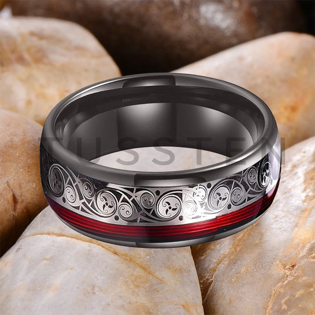 TUSSTEN 8MM Tungsten Ring for Men with Celtic Spiral and Red Blue Guitar String Inlaid Wedding Band Comfort Fit