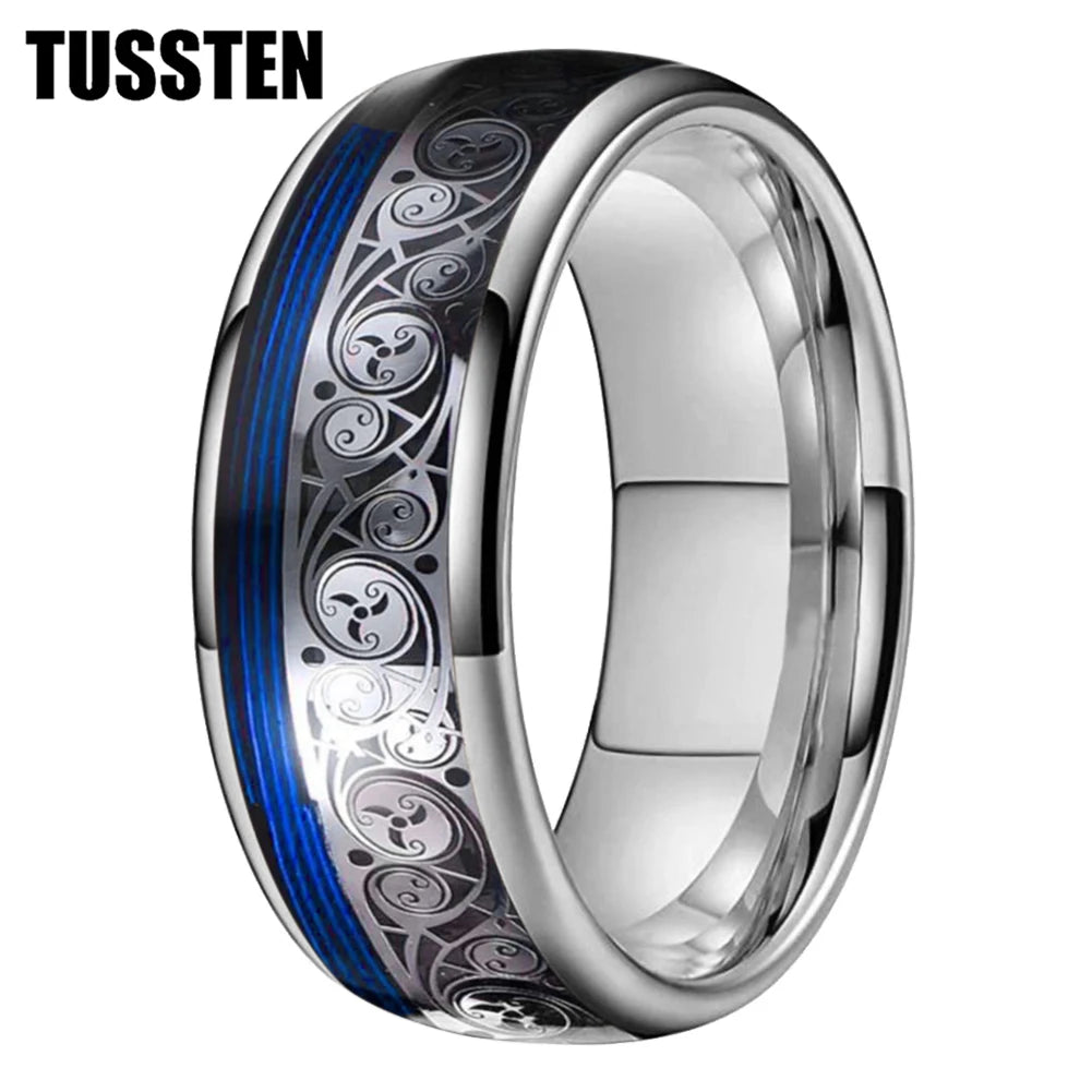 TUSSTEN 8MM Tungsten Ring for Men with Celtic Spiral and Red Blue Guitar String Inlaid Wedding Band Comfort Fit