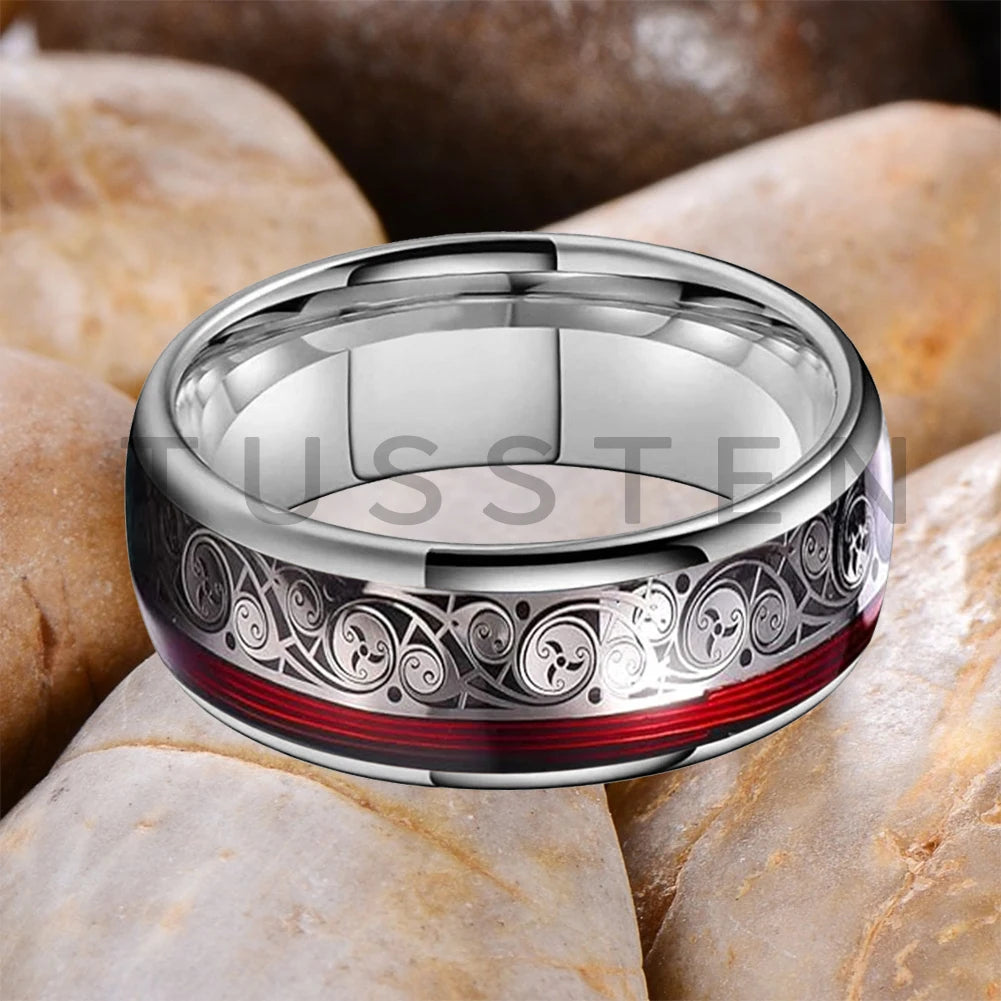 TUSSTEN 8MM Tungsten Ring for Men with Celtic Spiral and Red Blue Guitar String Inlaid Wedding Band Comfort Fit