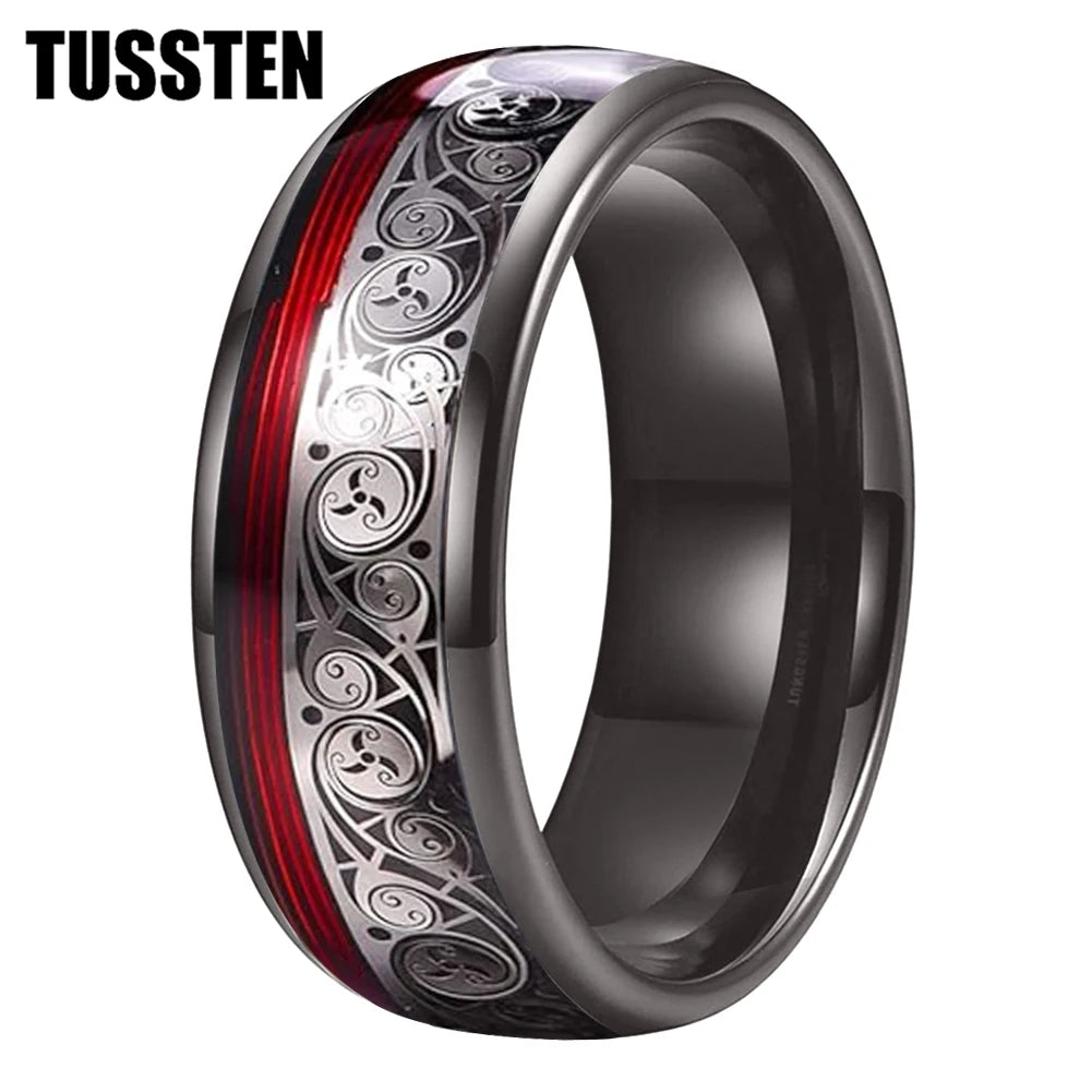 TUSSTEN 8MM Tungsten Ring for Men with Celtic Spiral and Red Blue Guitar String Inlaid Wedding Band Comfort Fit