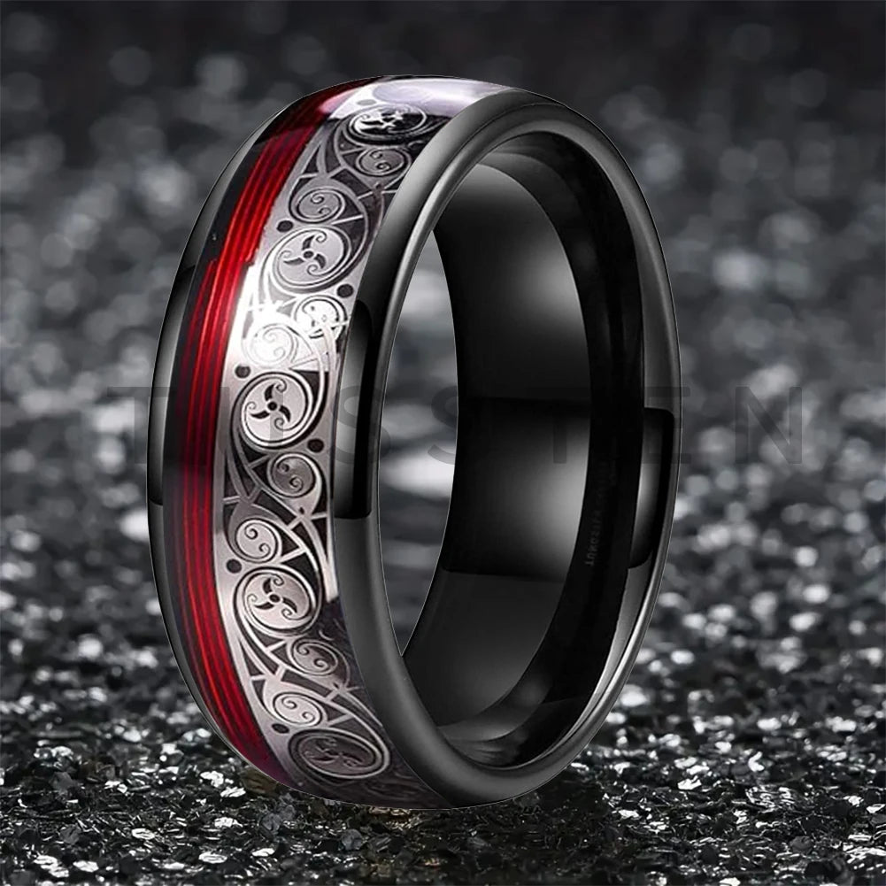 TUSSTEN 8MM Tungsten Ring for Men with Celtic Spiral and Red Blue Guitar String Inlaid Wedding Band Comfort Fit