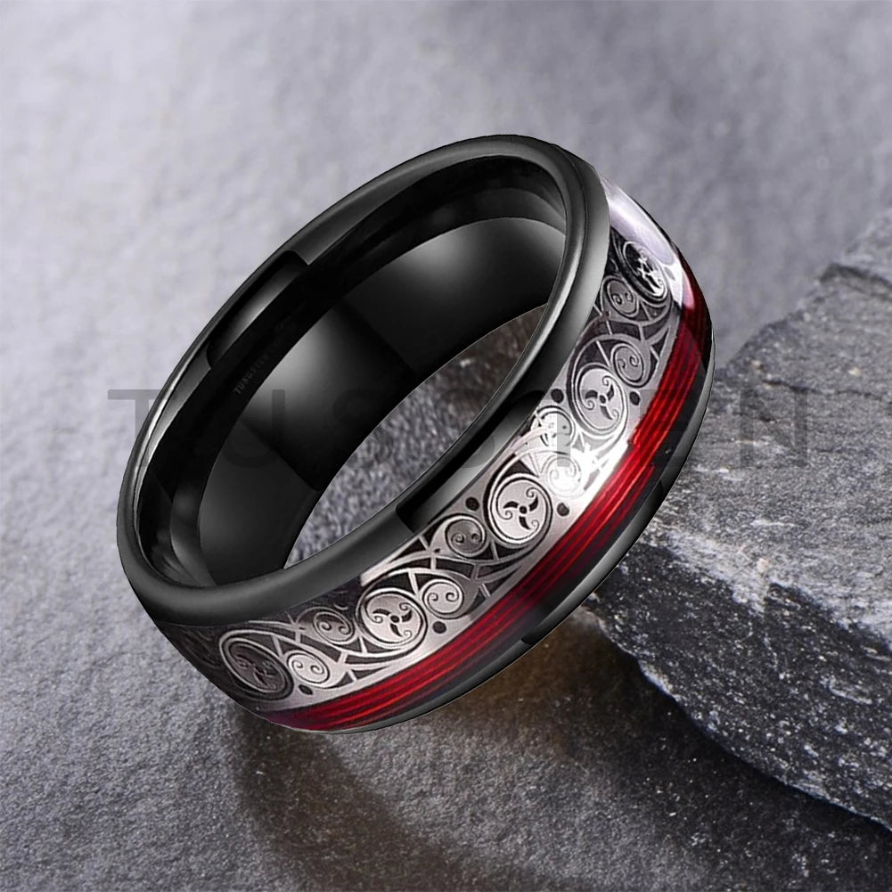 TUSSTEN 8MM Tungsten Ring for Men with Celtic Spiral and Red Blue Guitar String Inlaid Wedding Band Comfort Fit