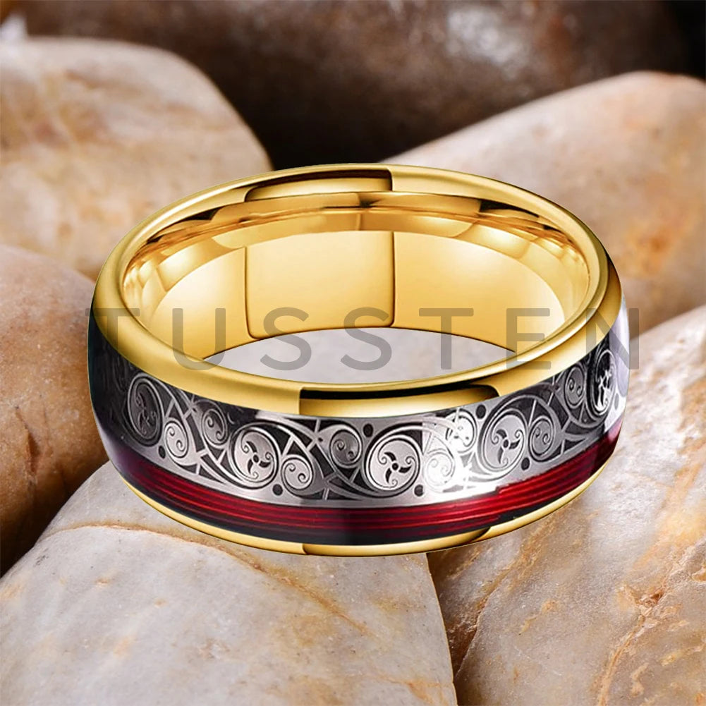 TUSSTEN 8MM Tungsten Ring for Men with Celtic Spiral and Red Blue Guitar String Inlaid Wedding Band Comfort Fit