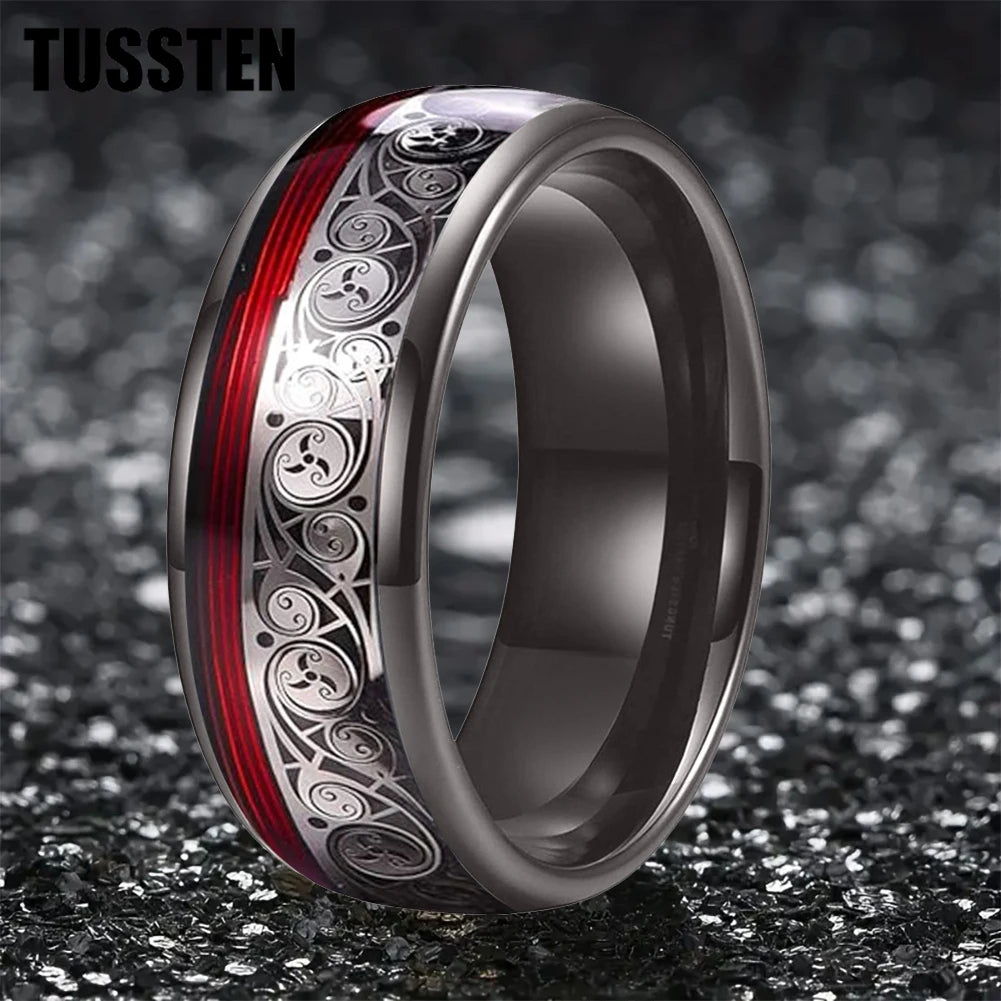 TUSSTEN 8MM Tungsten Ring for Men with Celtic Spiral and Red Blue Guitar String Inlaid Wedding Band Comfort Fit