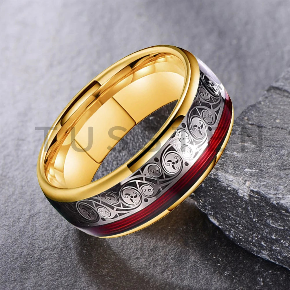 TUSSTEN 8MM Tungsten Ring for Men with Celtic Spiral and Red Blue Guitar String Inlaid Wedding Band Comfort Fit