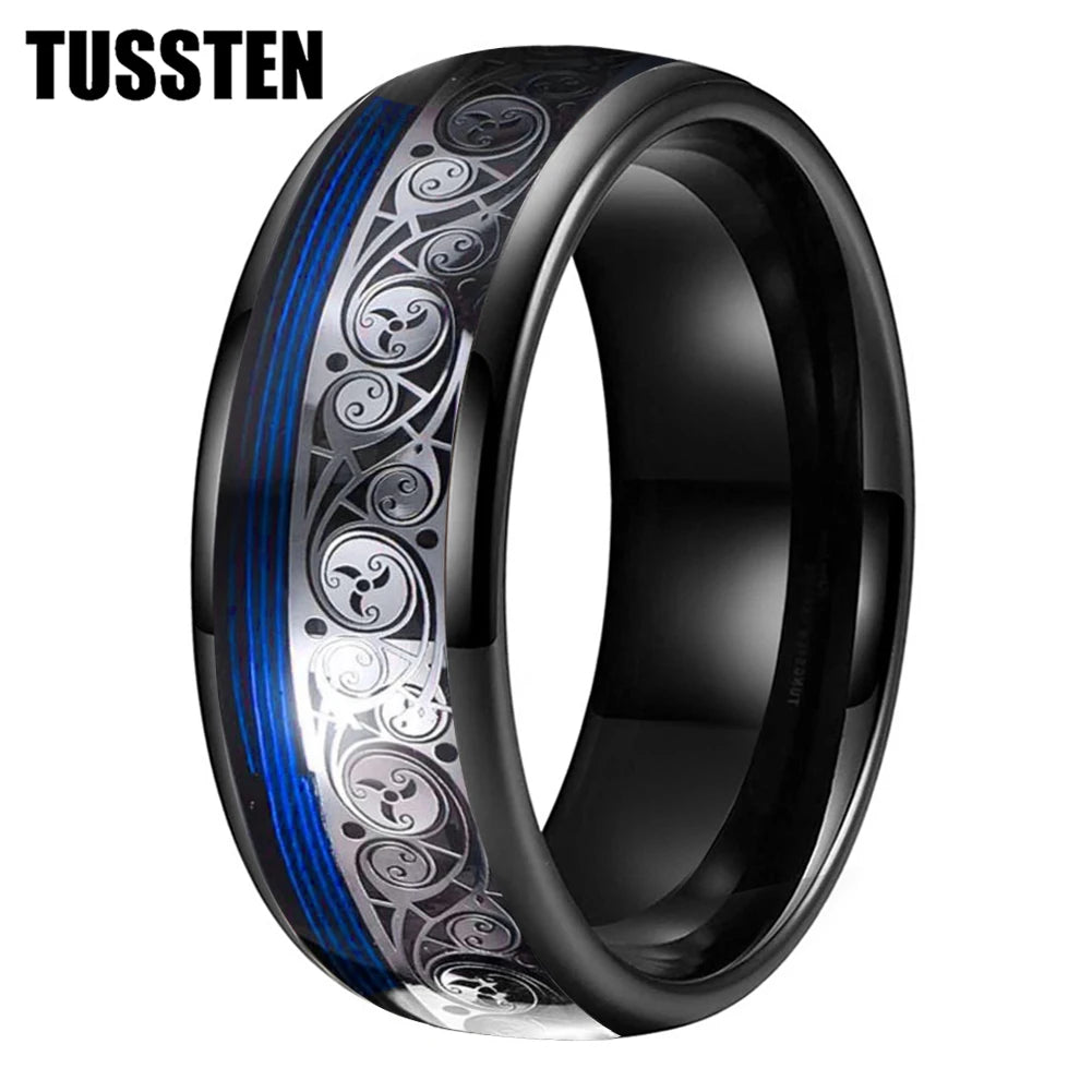 TUSSTEN 8MM Tungsten Ring for Men with Celtic Spiral and Red Blue Guitar String Inlaid Wedding Band Comfort Fit