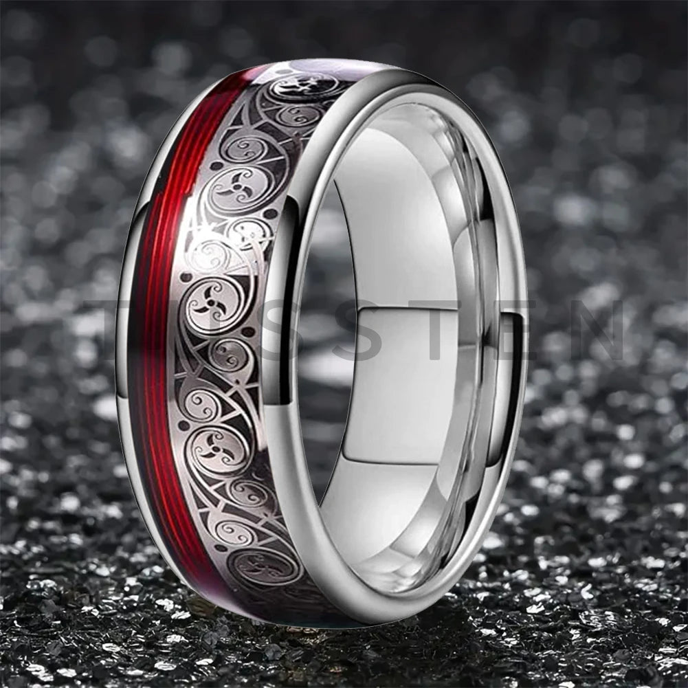 TUSSTEN 8MM Tungsten Ring for Men with Celtic Spiral and Red Blue Guitar String Inlaid Wedding Band Comfort Fit