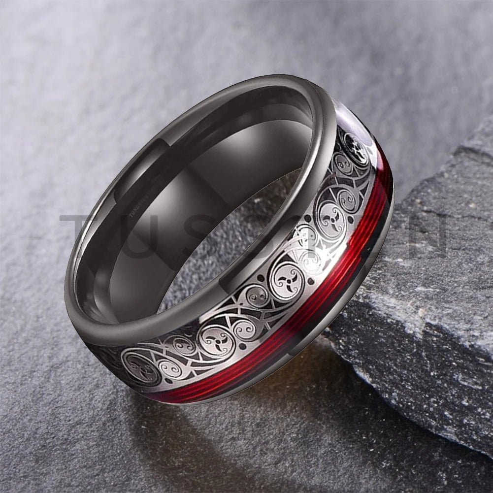 TUSSTEN 8MM Tungsten Ring for Men with Celtic Spiral and Red Blue Guitar String Inlaid Wedding Band Comfort Fit